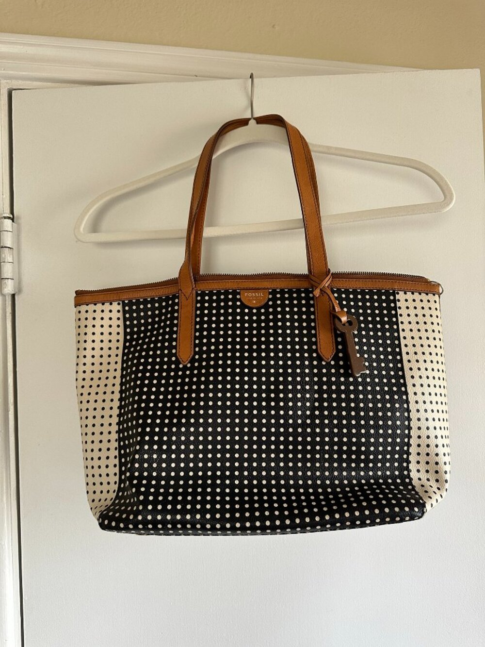 Fossil Polkadot Leather Tote Bag with brown accents and zipper closure